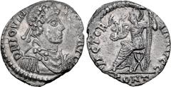 Roman Imperial Jovinus AR Hybrid Siliqua. Arelate, AD 411-413. D N IOVIN[VS P F] AVG, pearl-diademed, draped and cuirassed bust to right / VICTORIA AVGG, Roma seated to left on curule chair, holding V