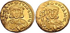 Byzantine Constantine V Copronymus, with Leo III, AV Solidus. Constantinople, AD 745-750. ∂(retrograde) CONSƮANƮINЧ, crowned bust of Constantine facing, wearing chlamys, holding cross potent and akaki