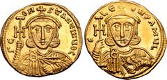 Byzantine Constantine V Copronymus, with Leo III, AV Solidus. Constantinople, AD 745-750. Γ CONSƮANƮINЧ ΘC, crowned bust of Constantine facing, wearing chlamys, holding cross potent and akakia / C LЄO