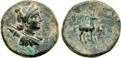 Greek Lydia, Thyateira Æ 19mm. Draped bust of Diana to right, bow and quiver over shoulder / Stag standing to right, [ΘΥΑΤΕΙΡΗΝΩΝ] above,monogram to right. GRPC Lydia 13; Imhoof-Blumer LS 4; SNG Turke