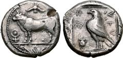 Greek Cyprus, Paphos AR Stater. Stasandros, circa 425 BC or later. Bull standing to left; winged solar disk above, ankh to left, palmette ornament in exergue / Eagle standing to left; one-handled vase
