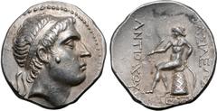 Greek Seleukid Empire, Antiochos Hierax AR Tetradrachm. Uncertain (EΠO) mint, probably in Phrygia, circa 242(?)-227 BC. Diademed head to right / Apollo Delphios seated to left on omphalos, testing arr