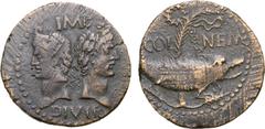 Roman Provincial Augustus and Agrippa Æ As of Nemausus, Gaul. Circa 10 BC-AD 10. IMP above, DIVI F below; back to back laureate and rostral crowned head of Agrippa to left and laureate head of Augustu