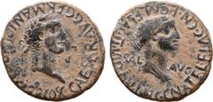 Roman Provincial Caligula, with Caesonia, Æ As of Carthago Nova, Spain. Circa AD 37-41. C CAESAR AVG GERMANIC IMP P M TR P COS, laureate head of Caligula to right / CN ATEL FLAC CN POM FLAC II VIR QVI