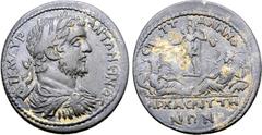 Roman Provincial Caracalla Æ 36mm of Saitta, Lydia. AD 211-217. Attalianus, archon. AYT K M AYP ANTΩNЄINOC, laureate, draped and cuirassed bust to right / Mên standing to left on pedestal, wearing Phr