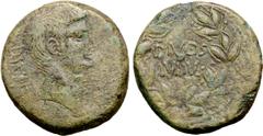 ROMAN IMPERATORIAL Octavian and Divus Julius Caesar Ӕ 30mm. Southern (?) Italian mint, circa 38 BC. Bare head of Octavian to right; DIVI F behind; [star] before / DIVOS IVLIVS in two lines within laur