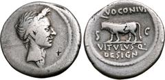 ROMAN IMPERATORIAL Julius Caesar AR Denarius. Posthumous Issue. Rome, 40 BC. Q. Voconius Vitulus, moneyer. Laureate head of Caesar right / Bull-calf walking left; Q•VOCONIVS above, VITVLVS•Q• DESIGN i