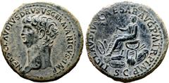 Roman Imperial Nero Claudius Drusus (father of Claudius) Æ Sestertius. Rome, AD 41-50. NERO CLAVDIVS DRVSVS GERMANICVS IMP, bare head to left / TI CLAVDIVS CAESAR AVG P M TR P IMP, Claudius seated to 