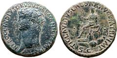 Roman Imperial Nero Claudius Drusus (father of Claudius) Æ Sestertius. Rome, AD 41-54. NERO CLAVDIVS DRVSVS GERMANICVS IMP, bare head to left / TI CLAVDIVS CAESAR AVG P M TR P IMP, Claudius seated to 