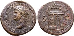 Roman Imperial Nero Æ Sestertius. Lugdunum, AD 66. IMP NERO CAESAR AVG PONT MAX TR POT P P, laureate bust to left, small globe at point / Garlanded triumphal arch surmounted by statue of Nero in facin