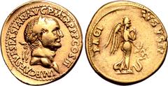 Roman Imperial Vespasian AV Aureus. Lugdunum, AD 71. IMP CAES VESPASIAN AVG P M TR P P P COS III, laureate head to right / PACI AVGVSTI, Pax-Nemesis advancing to right, holding caduceus over snake. RI