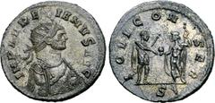 Roman Imperial Aurelian BI Antoninianus. Serdica, circa AD 273-274. IMP AVRELIANVS AVG, radiate, draped and cuirassed half length bust to right; right arm visible; circular solar(?) decoration on the 