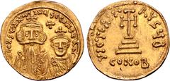 Byzantine Constans II, with Constantine IV, AV Solidus. Constantinople, AD 654-659. [∂ N] CONSƮANƮINЧS C CONSƮAN, crowned facing busts of Constans on left, with long beard, and Constantine on right, b
