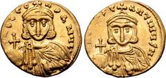 Byzantine Leo III 'the Isaurian', with Constantine V, AV Solidus. Constantinople, AD 721-724. ∂ NO LЄON P A MЧL•, crowned bust of Leo facing, wearing chlamys, holding globus cruciger and akakia / ∂ N 