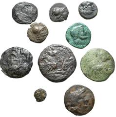 Large Lots Lot of 10 Greek Æ Coins from the William Stancomb Collection, collector's tickets included: Moesia, Kallatis Æ 14mm. Circa 3rd-2nd centuries BC. Head of Athena right, wearing crested Corint