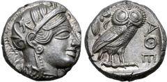Greek Attica, Athens AR Tetradrachm. Circa 460-454 BC. Late "transitional" issue. Head of Athena to right, wearing crested Attic helmet ornamented with three olive leaves above visor and spiral palmet