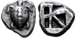 Greek Islands off Attica, Aegina AR Hemidrachm. Circa 480-457 BC. Turtle / Sea turtle, head in profile, with 'T-back' design on shell / Large square incuse with skew pattern. Meadows, Aegina, Group II