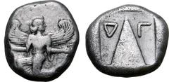 Greek Karia, Kaunos AR Stater. Circa 430-410 BC. Iris running to left, head reverted, holding kerykeion in right hand and wreath in left / Triangular baetyl, inverted Δ and Γ across upper fields; all 
