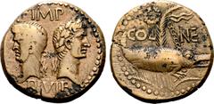 Roman Provincial Augustus and Agrippa Æ As of Nemausus, Gaul. Circa 10 BC-AD 10. Back to back laureate and rostral crowned head of Agrippa to left and head of Augustus to right, wearing oak wreath; IM
