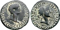 Roman Provincial Caligula and Caesonia Æ 29mm of Carthago Nova, Hispania. Circa AD 37. C CAESAR AVG GERMANIC IMP P M TR P COS, laureate head of Caligula to right / CN ATEL FLAC CN POM FLAC II VIR QVIN