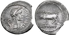 Roman Imperatorial Divus Julius Caesar AR Denarius. Rome, 40 BC. Q. Voconius Vitulus, moneyer. Laureate head to right; DIVI•IVLI downwards before, lituus behind / Bull-calf walking to left; Q•VOCONIVS
