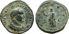 Roman Imperial Balbinus Æ Sestertius. Rome, AD 238. IMP CAES D CAEL BALBINVS AVG, laureate, draped and cuirassed bust to right / P M TR P COS II P P, Emperor standing to left, holding branch and paraz