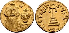 Byzantine Constans II, with Constantine IV, AV Solidus. Constantinople, AD 654-659. ∂ N CONSƮANƮINЧS C C[ONSTANT], crowned facing busts of Constans on left, with long beard, and Constantine on right, 