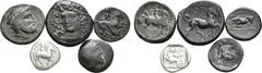 Large Lots Lot of 5 Thessalian AR and Æ Coins. Includes: 1) Thessaly, Kierion Æ15. Early-mid 4th century BC. Laureate head of Zeus right / [KIEPI-AION], Arne, half-kneeling right, playing with astraga