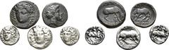 Large Lots Lot of 5 Thessalian AR and Æ Coins. Includes: 1) Thessaly, Larissa AR Hemidrachm. Circa 356-342 BC. Head of the nymph Larissa three-quarter facing left, wearing hair band and plain necklace