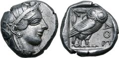 Greek Attica, Athens AR Tetradrachm. Circa 460-454 BC. Late "transitional" issue. Head of Athena to right, wearing crested Attic helmet ornamented with three olive leaves above visor and spiral palmet