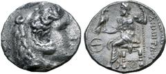Greek Kingdom of Macedon, Demetrios I Poliorketes AR Tetradrachm. In the types of Alexander III. Tyre, circa 290-287 BC. Head of Herakles to right, wearing lion skin headdress / Zeus Aëtophoros seated