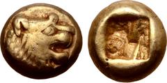 Greek Kingdom of Lydia, Alyattes EL Hemihekte - 1/12 Stater. Sardes, circa 610-560 BC. Head of roaring lion to right, sunburst on forehead / Incuse square punch. GRPC Lydia G30; Weidauer group XVI, 90