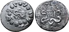 Greek Lydia, Tralleis AR Cistophoric Tetradrachm. Circa 140-135 BC. Apol-, magistrate. Serpent emerging from cista mystica; all within ivy wreath / Two serpents entwined around bow and bowcase; ΑΠΟΛ a