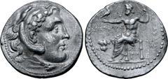 Greek Rhodos, Rhodes AR Tetradrachm. In the name and types of Alexander III of Macedon. Circa 201-190 BC. Aristobolos, magistrate. Head of Herakles to right, wearing lion skin headdress / Zeus Aëtopho
