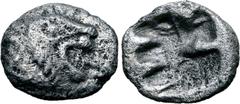 Greek Persia, Achaemenid Empire AR 1/48 Stater. Time of Kyros - Darios I, in the types of Kroisos. Sardes, circa 550-520 BC. Head of roaring lion to right / Irregular incuse punch. GRPC Lydia S13 = Na