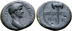 Roman Provincial Nero Æ 17mm of Thyateira, Lydia. AD 50-54. NЄPΩN KΛA[YΔI KAICAP] ΓЄP, bare-headed and draped bust to right / ΘYATЄIP[H]NΩN, bipennis. GRPC Lydia 145; RPC I 2381; SNG Copenhagen 595; B