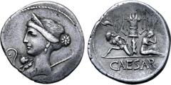 Roman Imperatorial Julius Caesar AR Denarius. Military mint travelling with Caesar in Spain, 46-45 BC. Draped bust of Venus to left, wearing stephane; small Cupid at point of bust; lituus to left, sce