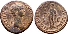 Roman Imperial Antonia (mother of Claudius) Æ Dupondius. Rome, circa AD 41-50. ANTONIA AVGVSTA, draped bust to right / TI CLAVDIVS CAESAR AVG P M TR P IMP, Claudius, veiled and togate, standing to lef