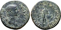 Roman Imperial Antonia (mother of Claudius) Ӕ Dupondius. Rome, AD 41-50. ANTONIA AVGVSTA, draped bust to right / TI CLAVDIVS CAESAR AVG P M TR P IMP, Claudius standing to left, veiled and togate, hold