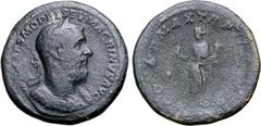 Roman Imperial Macrinus Æ Sestertius. Rome, AD 217. [IMP C]AES M OPEL SEV MACRINVS AVG, laureate and cuirassed bust to right / [P]ON[TI]F MAX TR P [P P], Felicitas standing to left, holding caduceus a