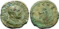 Roman Imperial Balbinus Æ Sestertius. Rome, AD 238. IMP CAES D CAEL BALBINVS AVG, laureate, draped and cuirassed bust to right / P M TR P COS II P P, Emperor standing to left, holding branch and paraz