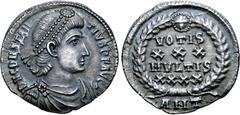 Roman Imperial Constantius II AR Siliqua. Antioch, AD 347-355. D N CONSTANTIVS P F AVG, pearl diademed, draped and cuirassed bust to right / Laurel wreath enclosing VOTIS XXX MVLTIS XXXX in four lines