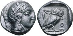 Greek Attica, Athens AR Tetradrachm. Circa 460-454 BC. Late "transitional" issue. Head of Athena to right, wearing crested Attic helmet ornamented with three olive leaves above visor and spiral palmet