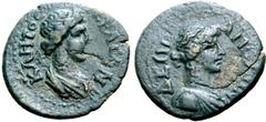 Greek Lydia, Apollonis Æ 17mm. Pseudo-autonomous issue, circa 1st century AD. AΠOΛΛΩNIΔE, draped bust of Apollo to right / IEPA CVNKΛHTOC, draped bust of the Senate to right. GRPC Lydia 13; RPC II Sup