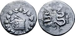 Greek Lydia, Tralleis AR Cistophoric Tetradrachm. Circa 133 BC. Time-, magistrate. Serpent emerging from cista mystica; the whole within wreath / Two serpents entwined around bow and bowcase; TIME abo