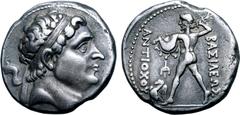 Greek Greco-Baktrian Kingdom, Diodotos I Soter AR Tetradrachm. In the name of Antiochos II of the Seleukid Empire. Mint A (near Aï Khanoum), circa 255-235 BC. Diademed head to right / Zeus Bremetes ad