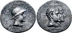 Greek Greco-Baktrian Kingdom, Eukratides I Megas AR Tetradrachm. Circa 170-145 BC. Dynastic pedigree issue. Draped and cuirassed bust to right, wearing crested helmet adorned with bull's horn and ear;