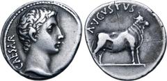 Roman Imperial Augustus AR Denarius. Samos or Pergamum(?), 21-20 BC. CAESAR, bare head to right / AVGVSTVS, bull standing facing, head to right. RIC I 475 (Samos?); BMCRE 663 (uncertain mint in the Ea