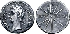 Roman Imperial Augustus AR Denarius. Uncertain Spanish mint (Colonia Caesaraugusta?), 19-18 BC. CAESAR AVGVSTVS, head to left, wearing oak wreath / Eight-rayed comet with tail upwards, DIVVS IVLIVS ac