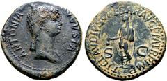 Roman Imperial Antonia (mother of Claudius) Ӕ Dupondius. Rome, AD 41-50. ANTONIA [A]VGVSTA, draped bust to right / TI CLAVDIVS CAESAR AVG P M TR P IMP, Emperor standing to left, holding simpulum; S-C 